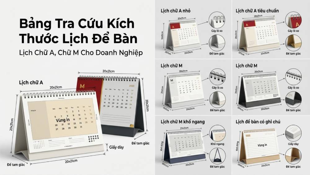 Bảng tra cứu kích thước lịch để bàn chữ A chữ M tiêu chuẩn cho doanh nghiệp
