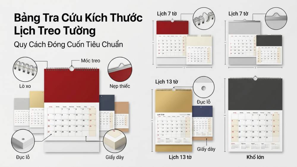 Bảng tra cứu kích thước lịch treo tường tiêu chuẩn và quy cách đóng cuốn