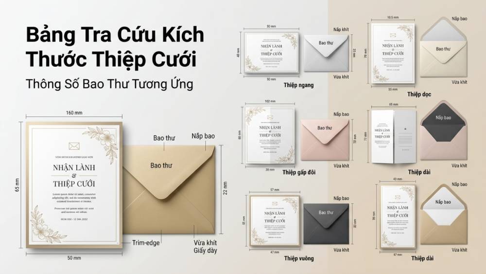 Bảng tra cứu kích thước thiệp cưới chuẩn và thông số bao thư tương ứng tại xưởng in