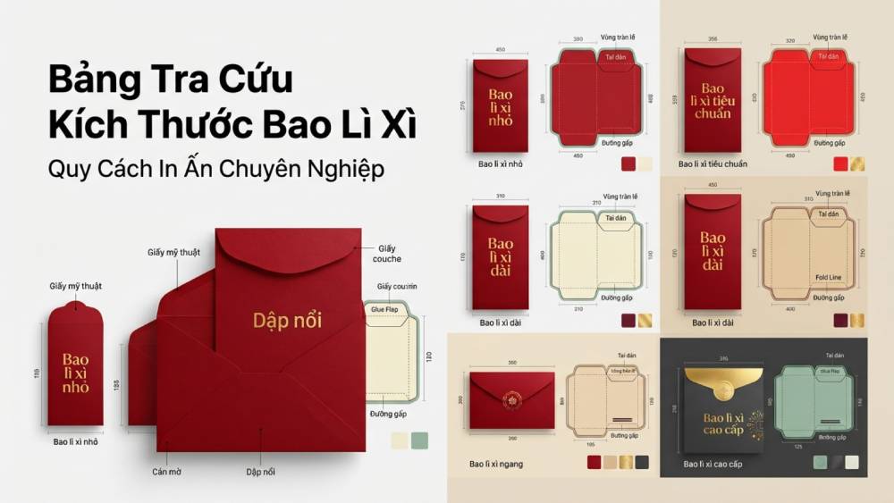 Bảng tra cứu thông số kích thước bao lì xì tiêu chuẩn và quy cách in ấn chuyên nghiệp