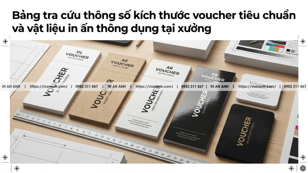 Bảng tra cứu thông số kích thước voucher tiêu chuẩn và vật liệu in ấn thông dụng tại xưởng