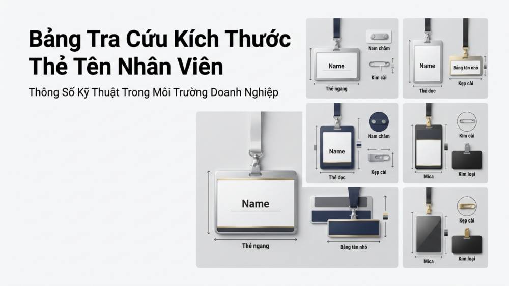 Bảng tra cứu thông số kỹ thuật và kích thước thẻ tên nhân viên tiêu chuẩn ứng dụng trong môi trường doanh nghiệp