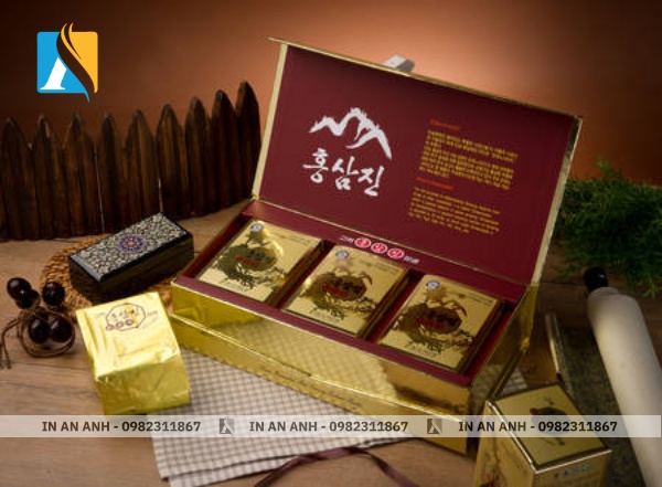 Hộp sâm Hàn Quốc phối màu vàng kim và đỏ mận sang trọng