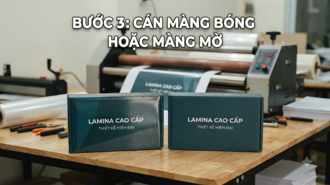 Bước 3 — Cán màng bóng hoặc màng mờ