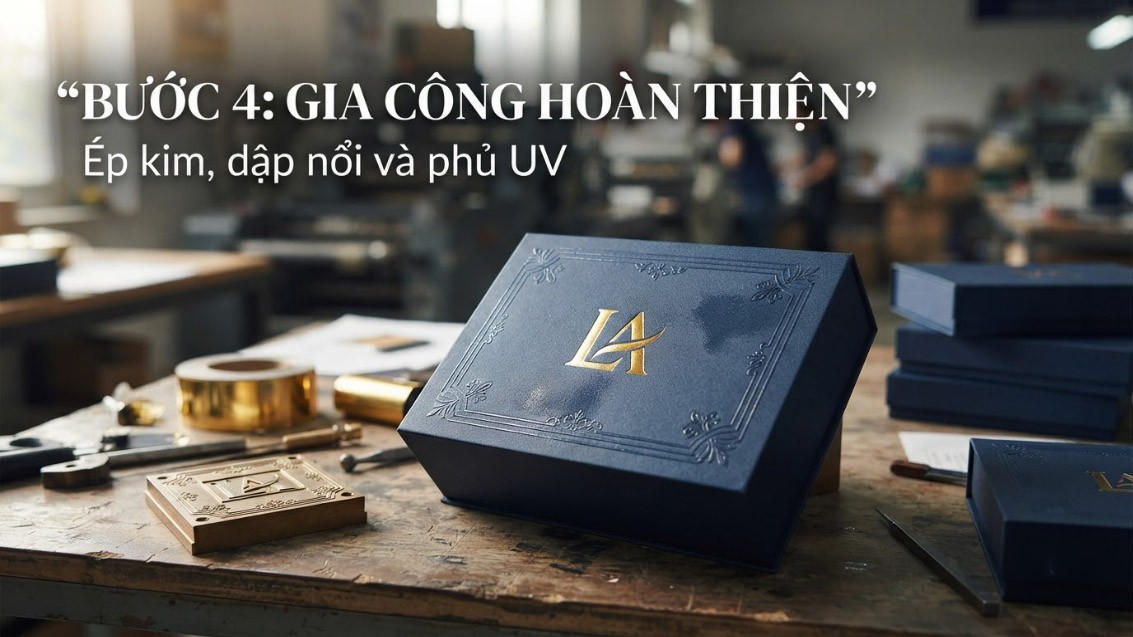 Bước 4 - Gia công ép kim, dập nổi và phủ UV