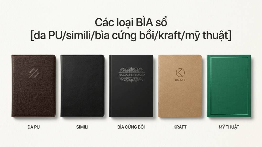 Các Loại Bìa Sổ: Da PU, Simili, Bìa Cứng Bồi, Kraft, Mỹ Thuật