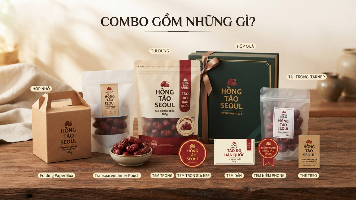 Combo Bao Bì Táo Đỏ Hàn Quốc: Tem + Túi + Hộp 2026 gồm những gì
