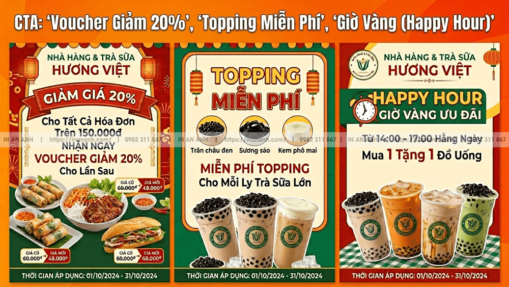 CTA: "Voucher 20%", "Free Topping", "Happy Hour"