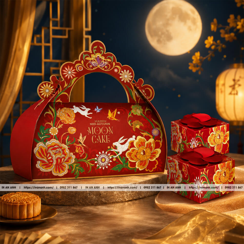 Hộp giấy bánh trung thu dây lụa xách kiểu quai vòm mẫu phượng hoàng hoa cúc tông đỏ