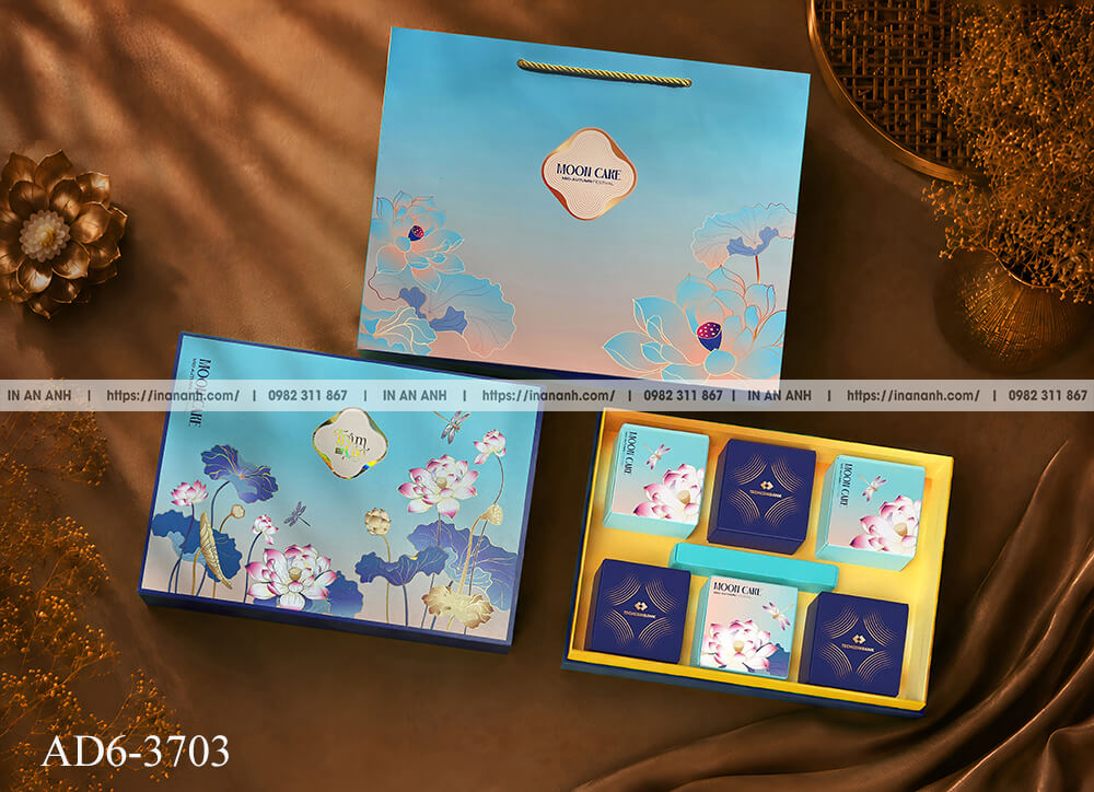 Hộp bánh trung thu âm dương 6 bánh mã AD6-3703 mẫu Tâm hoa sen chuồn chuồn tông xanh dương pastel