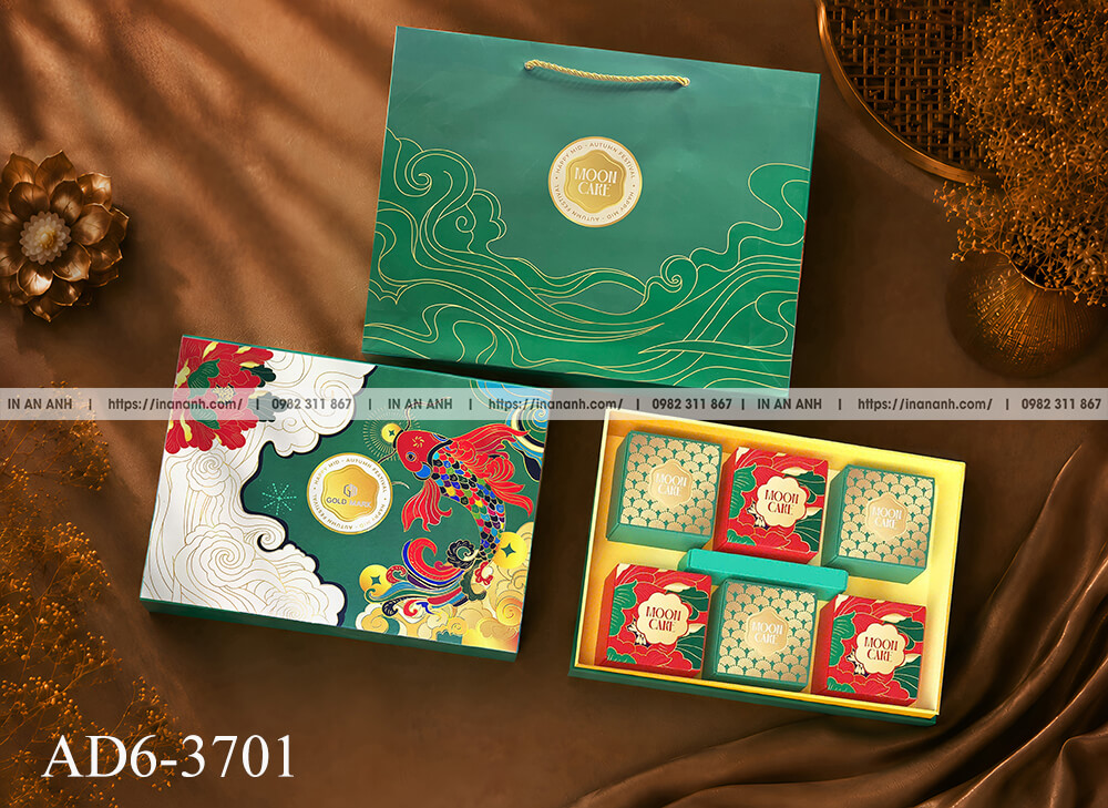 Hộp bánh trung thu âm dương 6 bánh mã AD6-3701 mẫu phượng hoàng Gold Mark nền xanh ngọc mây trắng