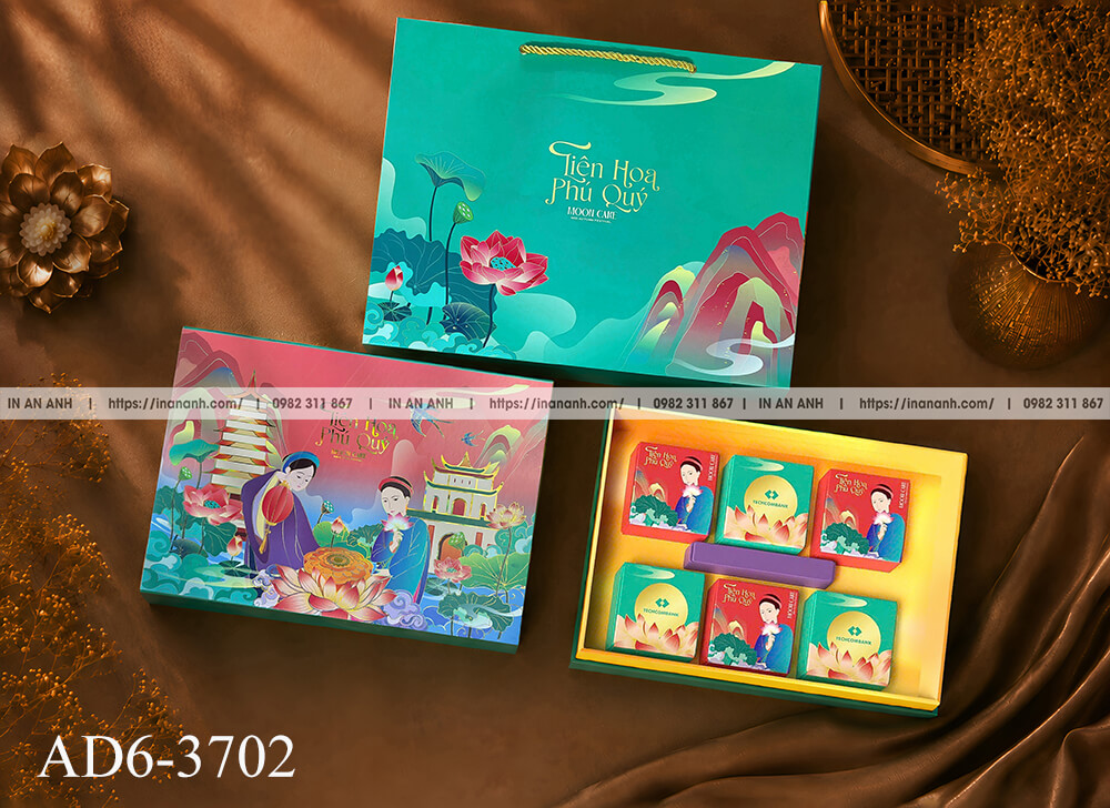 Hộp bánh trung thu âm dương 6 bánh mã AD6-3702 mẫu Tiên Hoa Phú Quý thiếu nữ áo dài hoa sen tông đỏ xanh ngọc