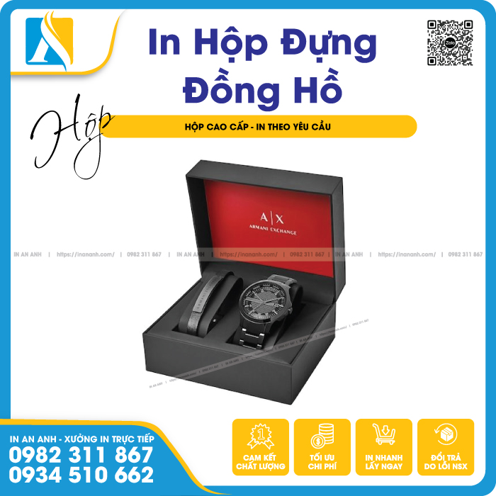 Mẫu hộp vuông đế cao gồm đồng hồ và phụ kiện 