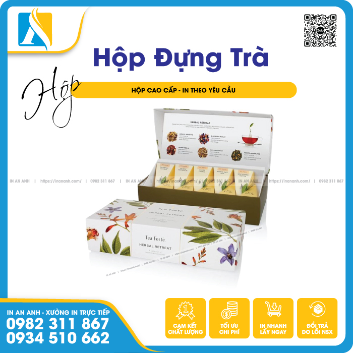 Mẫu hộp đựng trà cao cấp với thiết kế in hoa và túi trà xếp gọn bên trong