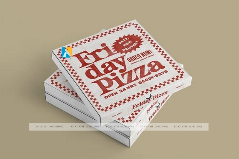in hộp giấy đựng bánh pizza