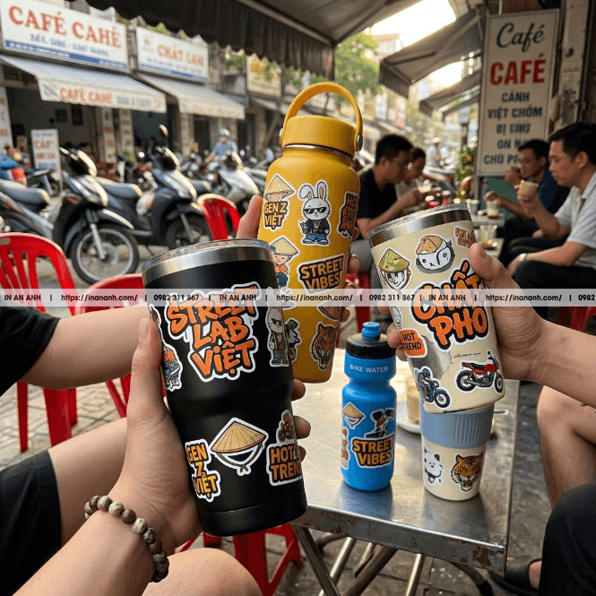 In sticker dán bình giữ nhiệt phong cách tối giản đẹp mắt