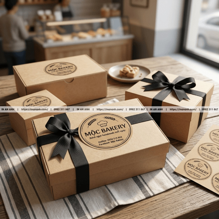 in sticker hộp bánh sang trọng thu hút khách hàng