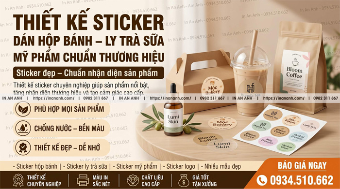 thiết kế sticker dán sản phẩm hộp bánh ly trà sữa mỹ phẩm