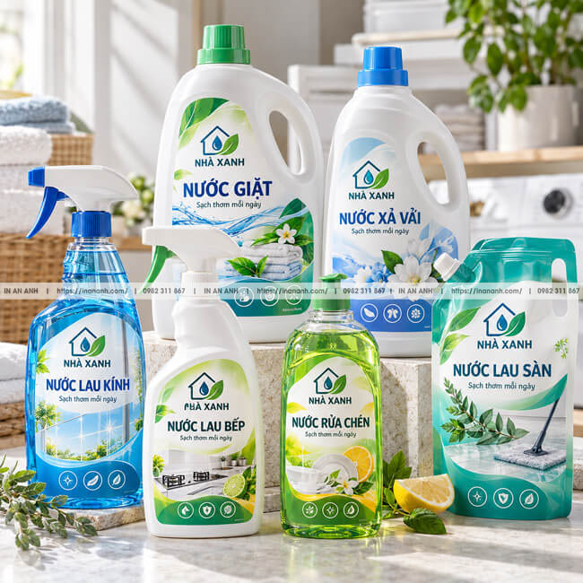 Tem chai nước giặt, nước lau sàn – mẫu tem nhãn sản phẩm tại In An Anh