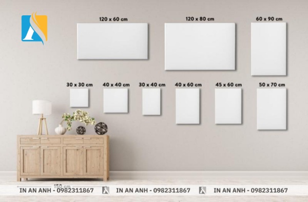 Các kích thước tranh canvas phổ biến như A3, 50x70cm, 60x90cm