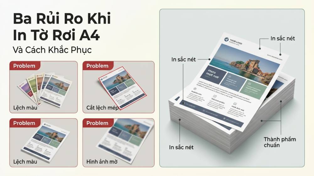 Khắc Phục Ba Rủi Ro Thường Gặp Khi In Tờ Rơi A4 Tại Xưởng Sản Xuất Thiếu Kinh Nghiệm