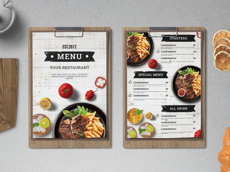 Kích thước menu nhà hàng thường là A3 hoặc A4