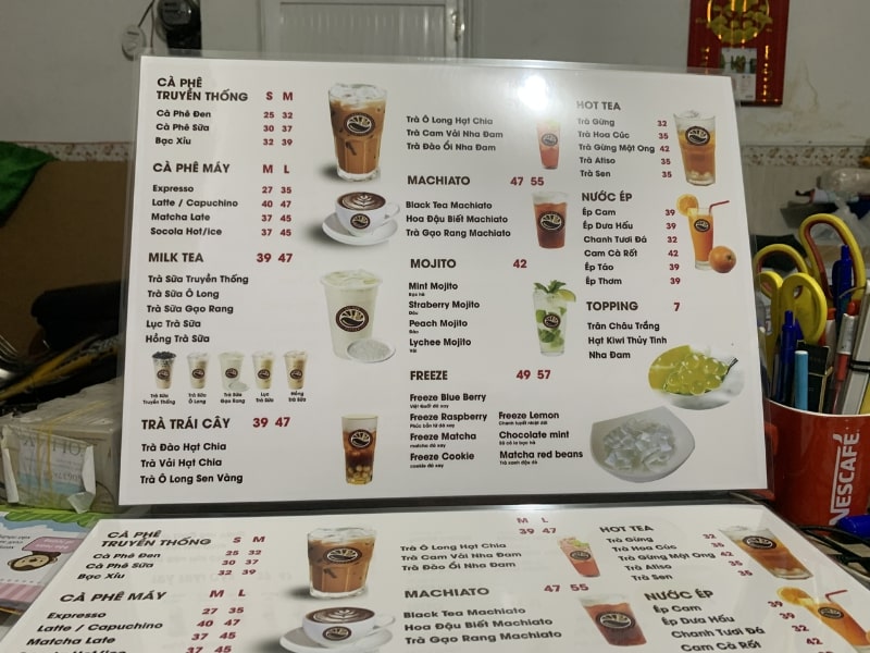 Các kích thước menu biến thể