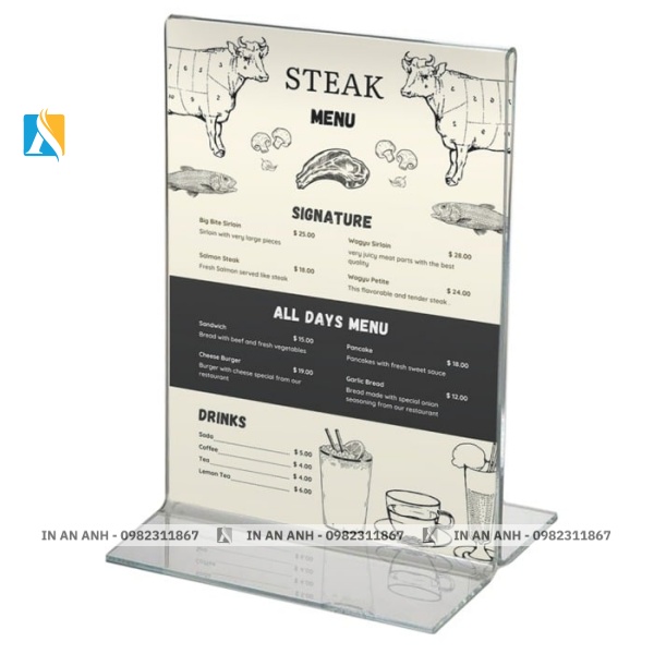 Menu mica để bàn nhiều kích thước, bền và dễ thay đổi