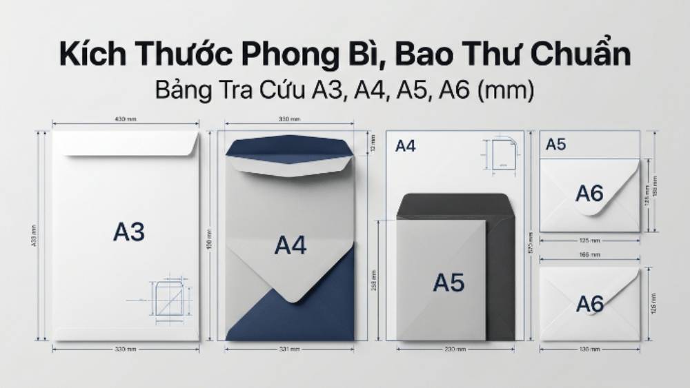 Kích Thước Phong Bì, Bao Thư Chuẩn - Bảng Tra Cứu A3, A4, A5, A6 (mm)