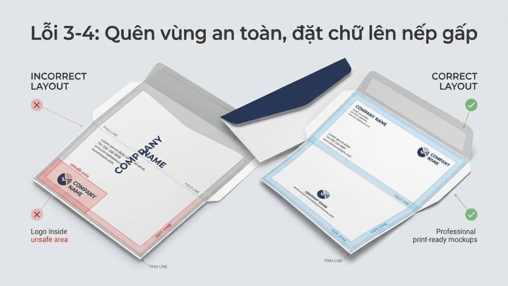 Lỗi 3-4: Quên vùng an toàn, đặt chữ lên nếp gấp