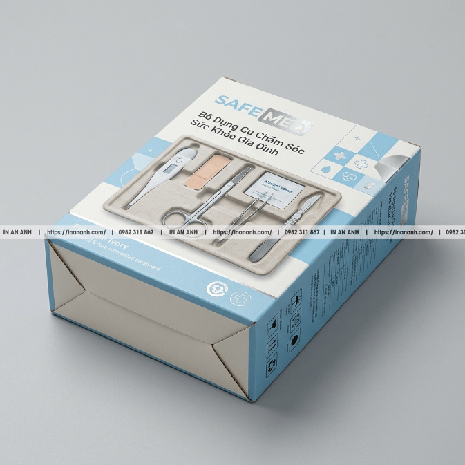 Mẫu hộp carton sóng đựng dụng cụ y tế đáy khóa tay ivory