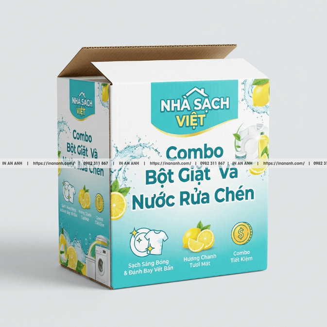 Mẫu hộp carton sóng bột giặt nước rửa chén đáy tự khóa duplex