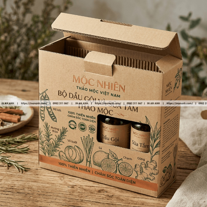 Mẫu hộp carton sóng dầu gội sữa tắm đáy khóa tay kraft xám