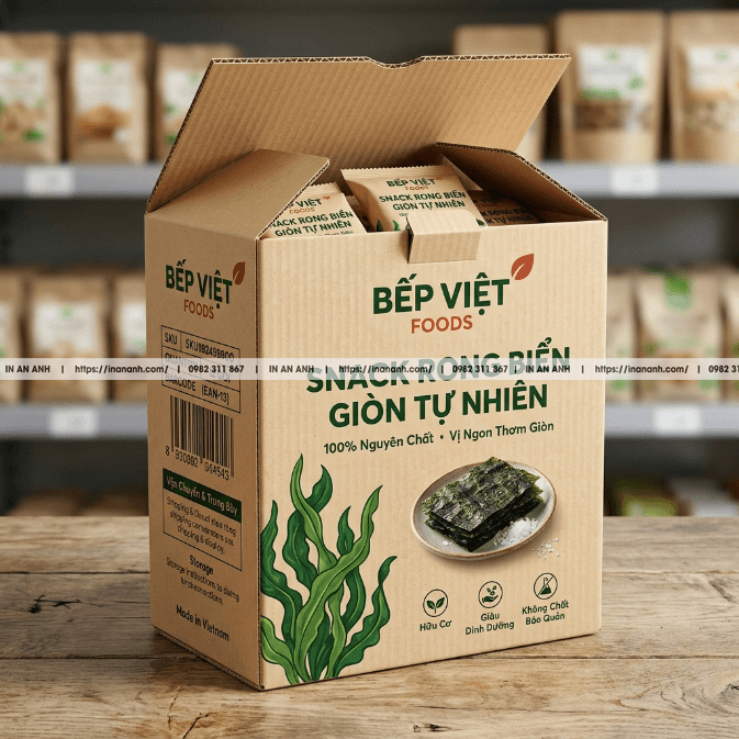 Mẫu hộp carton sóng mì gói snack nắp gài ngược kraft