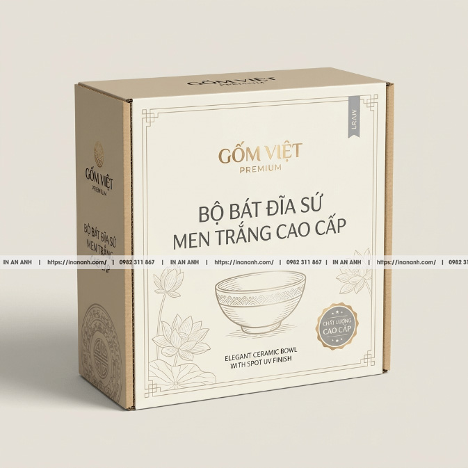Mẫu hộp carton sóng đựng bát đĩa đáy tự khóa có đệm lót