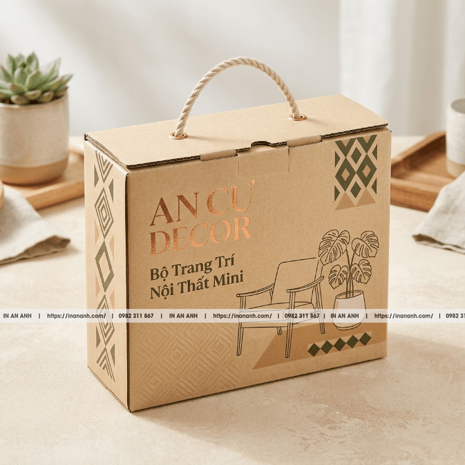 Mẫu hộp carton sóng đựng đồ nội thất nhỏ quai xách dây kraft