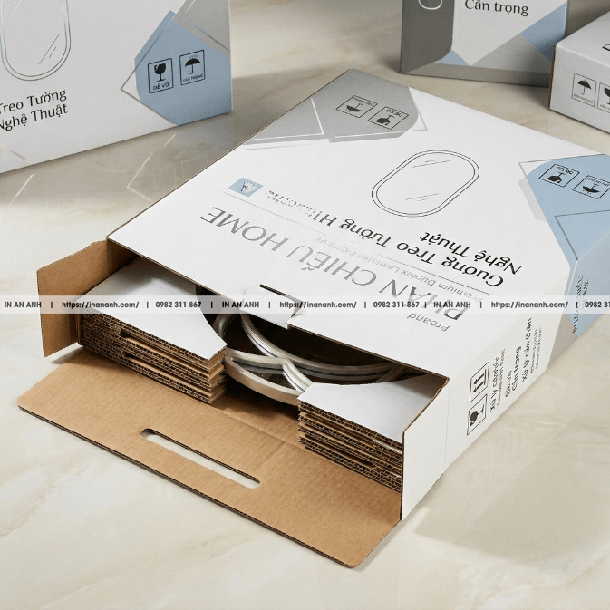 Mẫu hộp carton sóng đựng gương kính đáy tự khóa có vách đệm