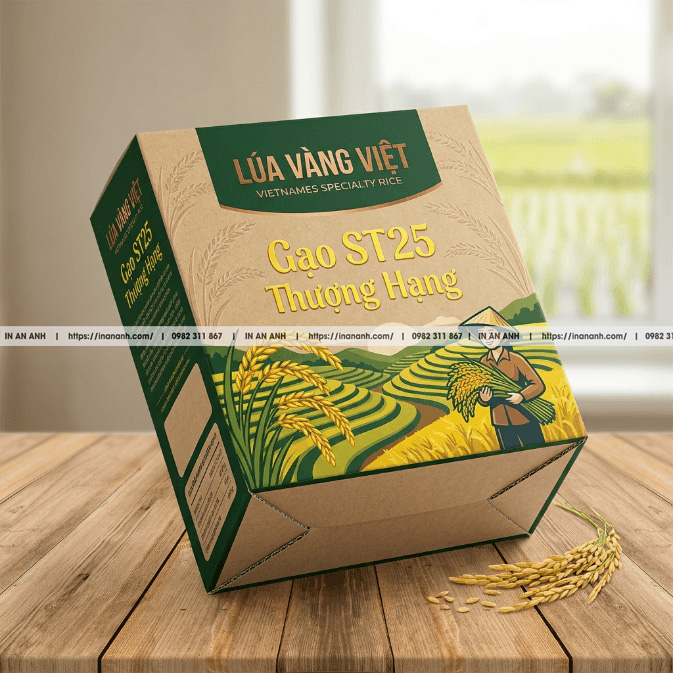 Mẫu hộp carton sóng đựng gạo gia vị đáy khóa tay kraft