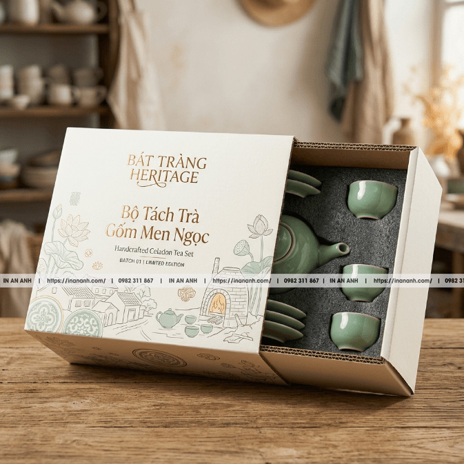 Mẫu hộp carton sóng gốm Bát Tràng hộp trượt duplex xanh men ngọc