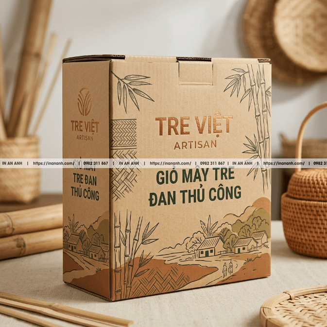 Mẫu hộp carton sóng mây tre đan làng nghề nắp gài thẳng kraft