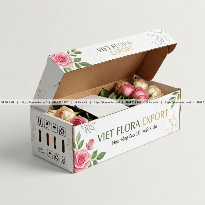 Mẫu hộp carton sóng đựng hoa tươi xuất khẩu nắp gài thẳng có lỗ thông khí