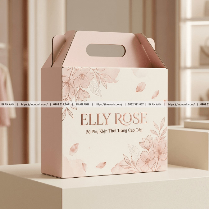 Mẫu hộp carton sóng D2C cao cấp quai xách liền ivory pastel