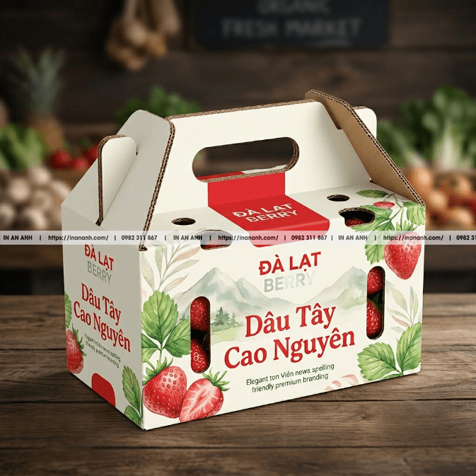 Mẫu hộp carton sóng đựng dâu tây quai xách liền duplex