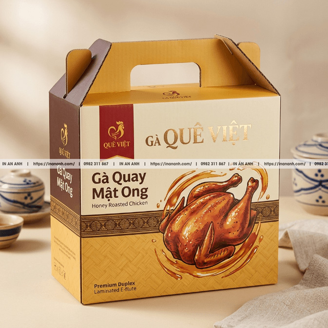 Mẫu hộp carton sóng đựng gà quay quai xách liền duplex