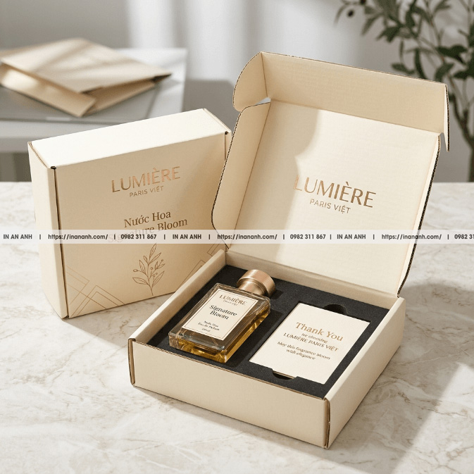 Mẫu hộp carton sóng đựng nước hoa N-shiki ivory trắng