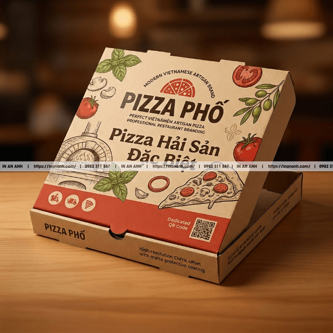 Mẫu hộp carton sóng đựng pizza nắp gài thẳng kraft chống dầu