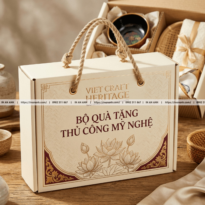 Mẫu hộp carton sóng đồ thủ công mỹ nghệ xuất khẩu quai xách dây