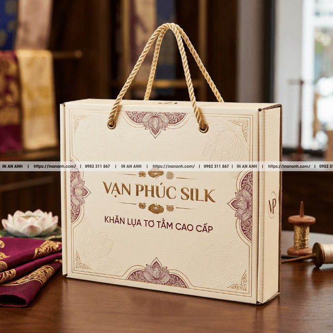 Mẫu hộp carton sóng lụa Vạn Phúc quai xách dây ivory