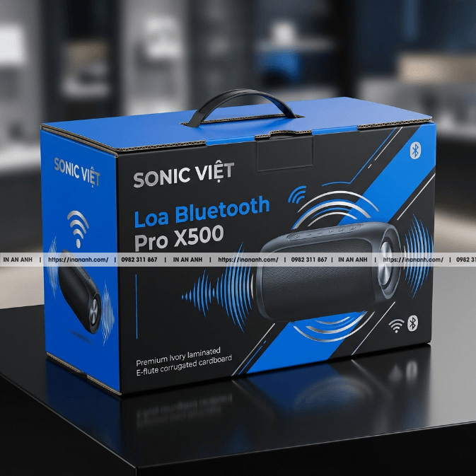 Mẫu hộp carton sóng đựng loa thiết bị âm thanh quai xách nhựa