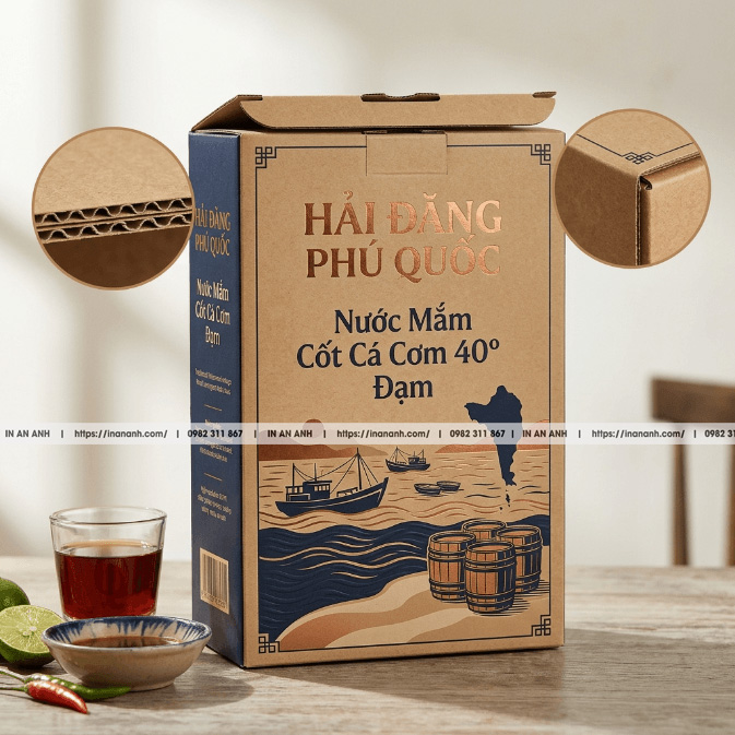 Mẫu hộp carton sóng đựng nước mắm nắp gài thẳng kraft